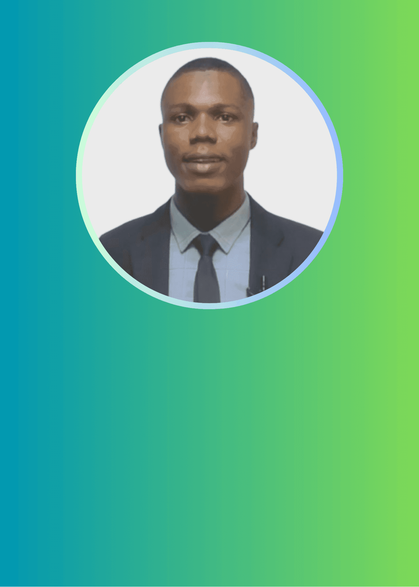Man in a suit and tie on a blue-green gradient background.